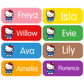 Cute Hello Kitty personalised stickers – customisable children’s name tags in 8 colour options – durable self-adhesive labels.