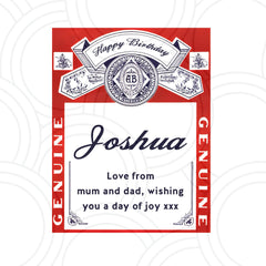 Make your Budweiser bottle uniquely yours! Add the name, special occasion, and personal message you’d like featured on your label. Perfect for weddings, birthdays, and gatherings — a fun and memorable way to celebrate. Each personalised label is printed on high-quality, glossy, self-adhesive photo paper, perfectly sized for 660ml and 300ml bottles, and shipped securely in a sturdy envelope.