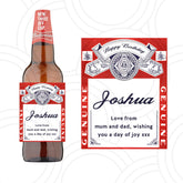 Make your Budweiser bottle uniquely yours! Add the name, special occasion, and personal message you’d like featured on your label. Perfect for weddings, birthdays, and gatherings — a fun and memorable way to celebrate. Each personalised label is printed on high-quality, glossy, self-adhesive photo paper, perfectly sized for 660ml and 300ml bottles, and shipped securely in a sturdy envelope.