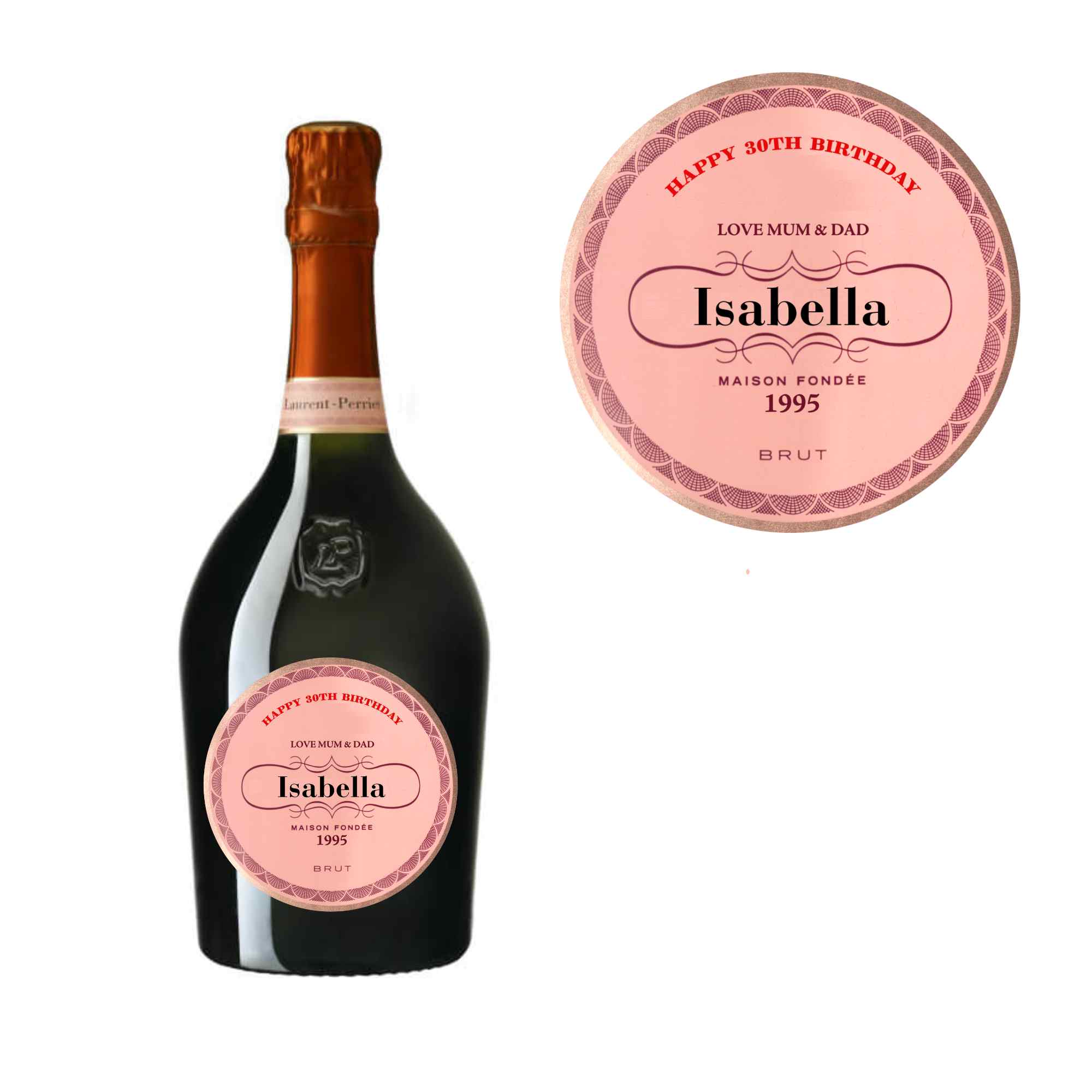Personalized Laurent-Perrier Cuvée Rosé Brut champagne label for birthdays, weddings, and special occasions