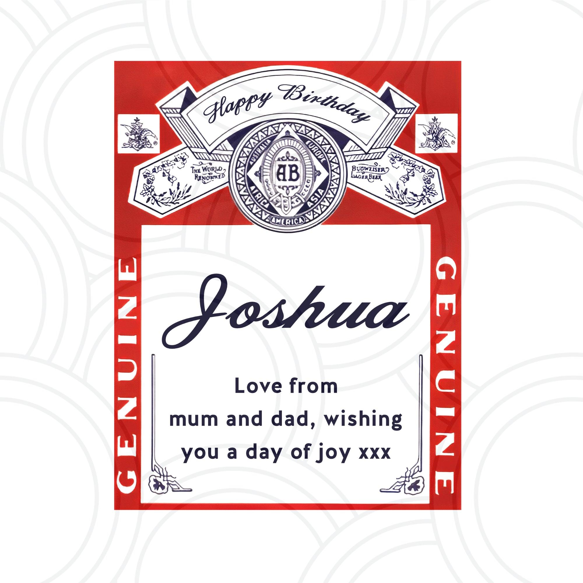 Budweiser personalised beer bottle sticker, custom name label for parties, celebrations and special occasions