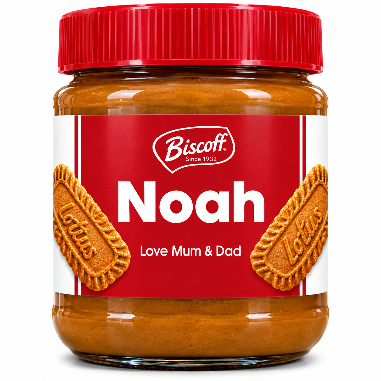 Custom Biscoff spread jar sticker featuring the name Noah and Love Mum & Dad message, displayed on a jar against a white background.