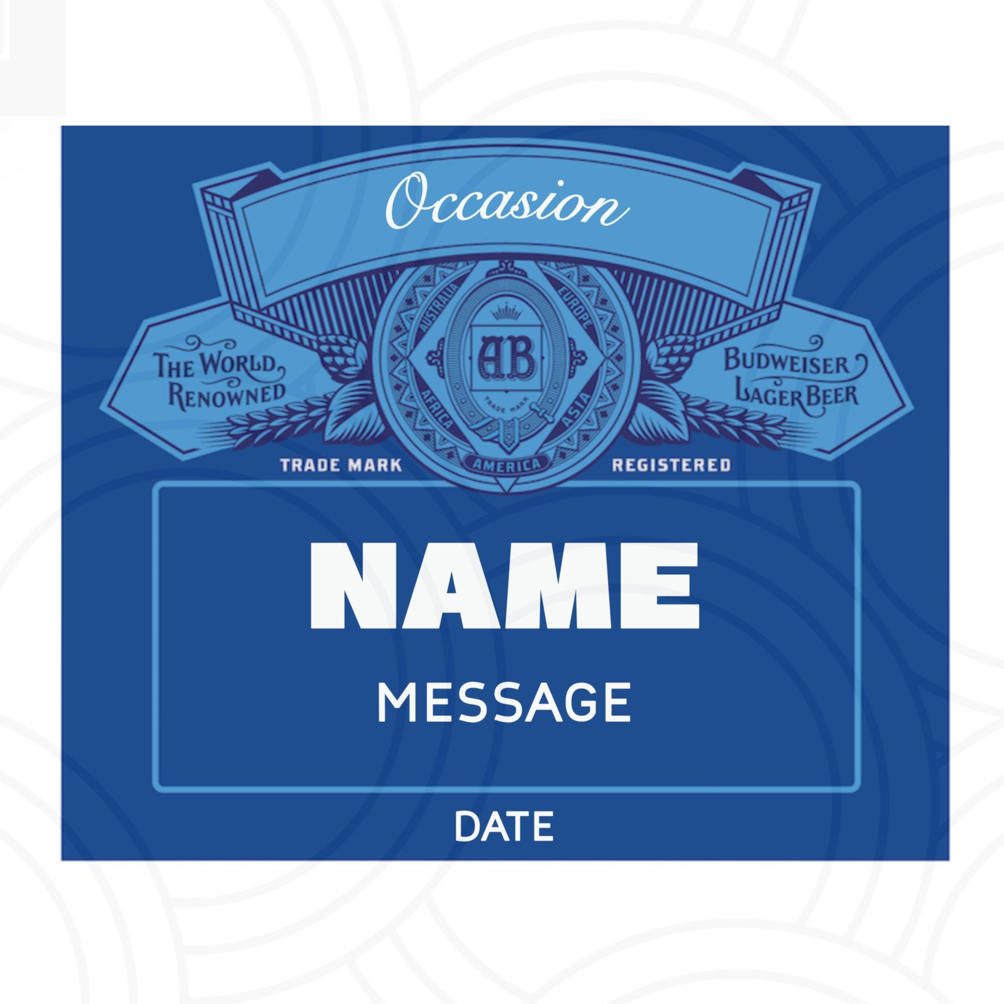 Custom Bud Light bottle sticker personalised with name, unique wedding and celebration beer label
