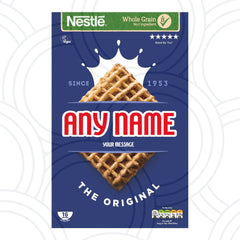 Custom cereal box label personalised with name, novelty birthday gift sticker for friends and party celebrations