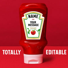 Custom ketchup bottle sticker personalised with name, novelty food label gift for birthdays and celebrations