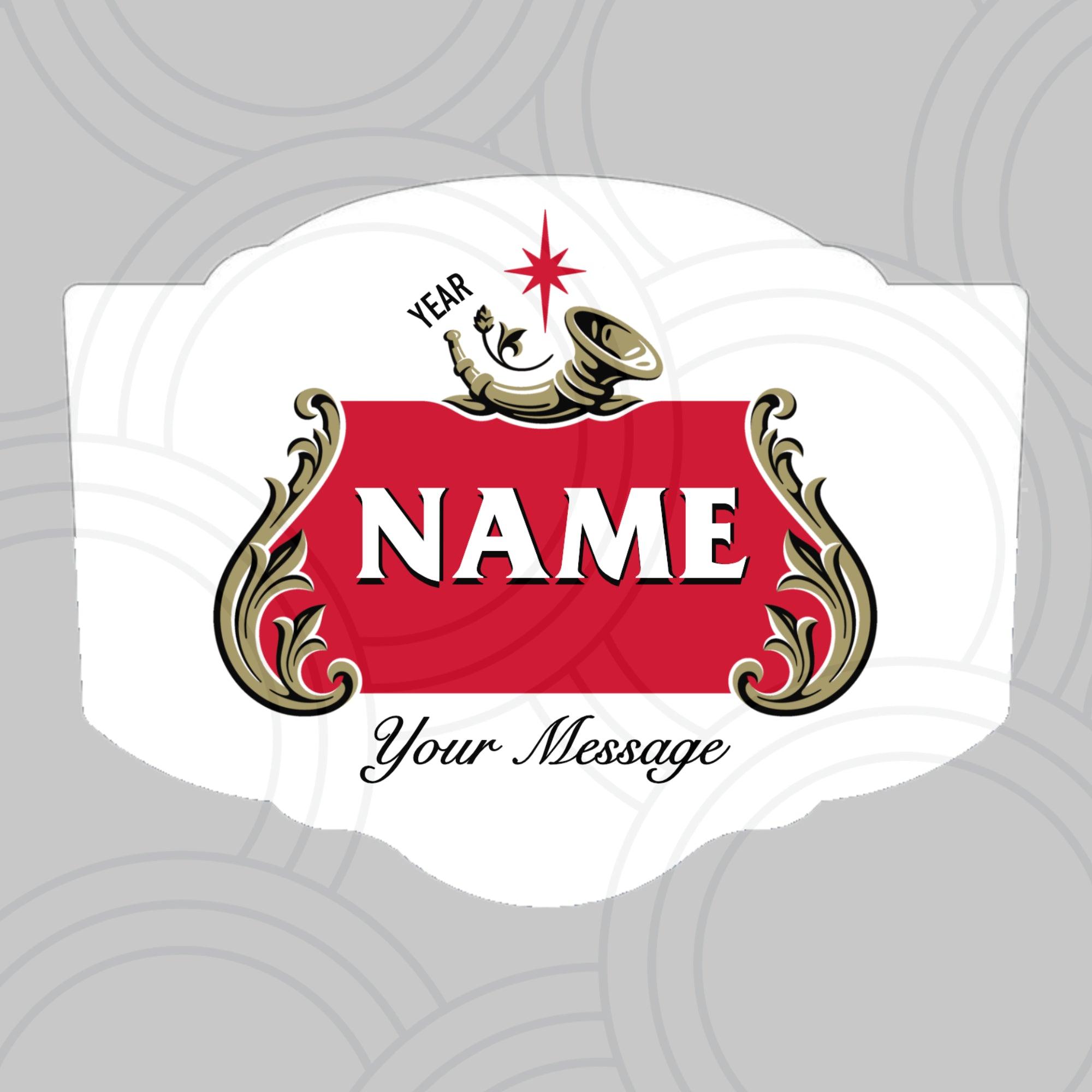 Custom Stella Artois bottle sticker personalised with name and year, unique beer label for birthdays and parties