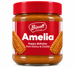 Personalised Biscoff spread jar label with the name Amelia and a custom Happy Birthday message, suitable for 380g and 400g jars.