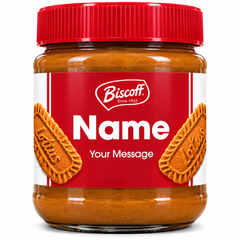Personalised Biscoff jar label sticker with custom name and message options, shown on a biscuit spread jar with a red lid.
