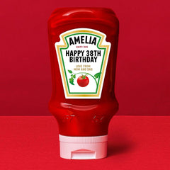 Personalised Heinz ketchup bottle label with custom name, funny birthday gift sticker for friends and parties