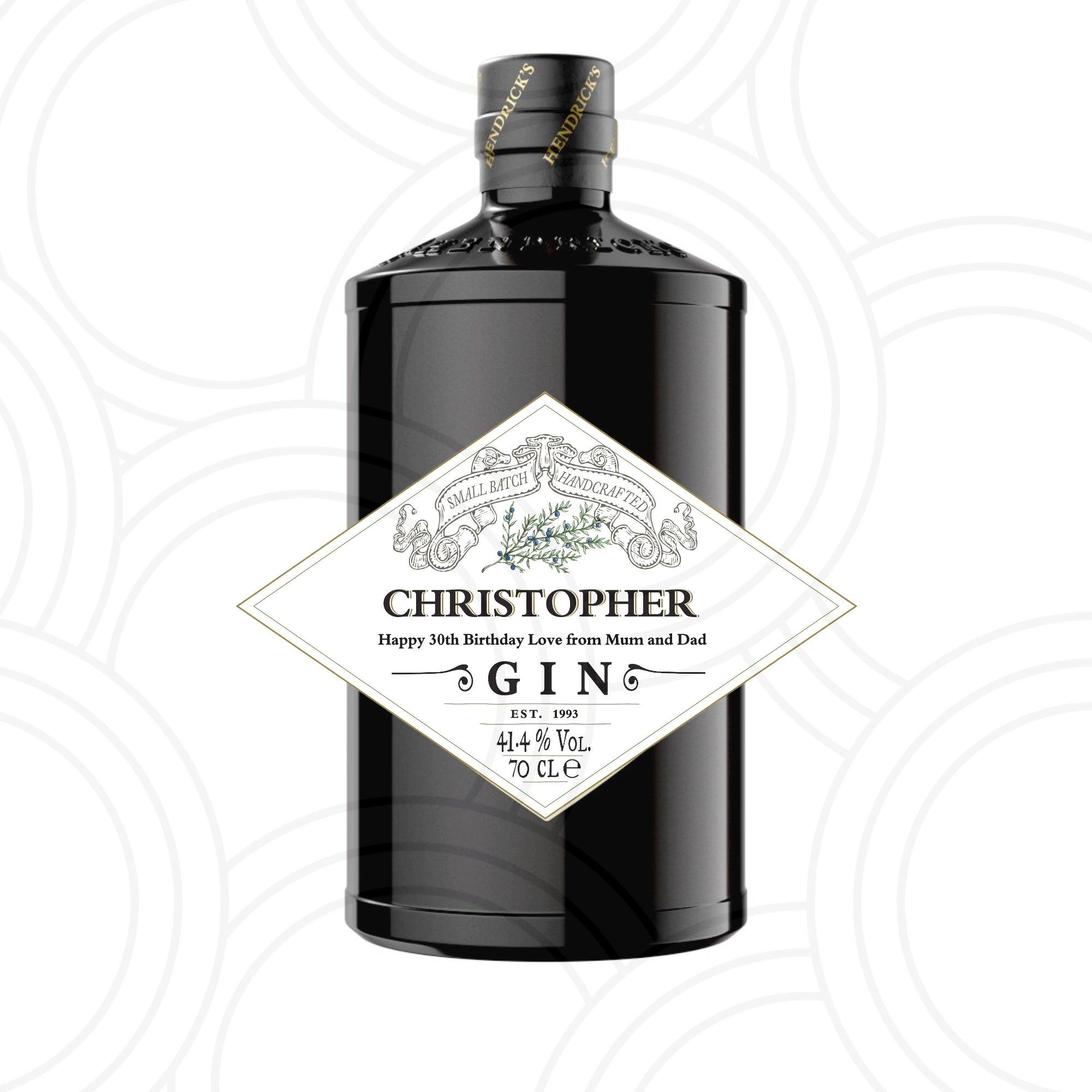 Personalised Hendrick’s gin bottle label with custom name, unique birthday gift sticker for gin lovers