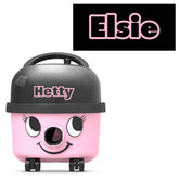 Personalised Hetty Hoover sticker on pink vacuum lied – custom name decal for Hetty Hoover vacuum cleaner.