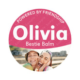 Personalised best friend lip balm style sticker with photo and custom name, pink label design.
