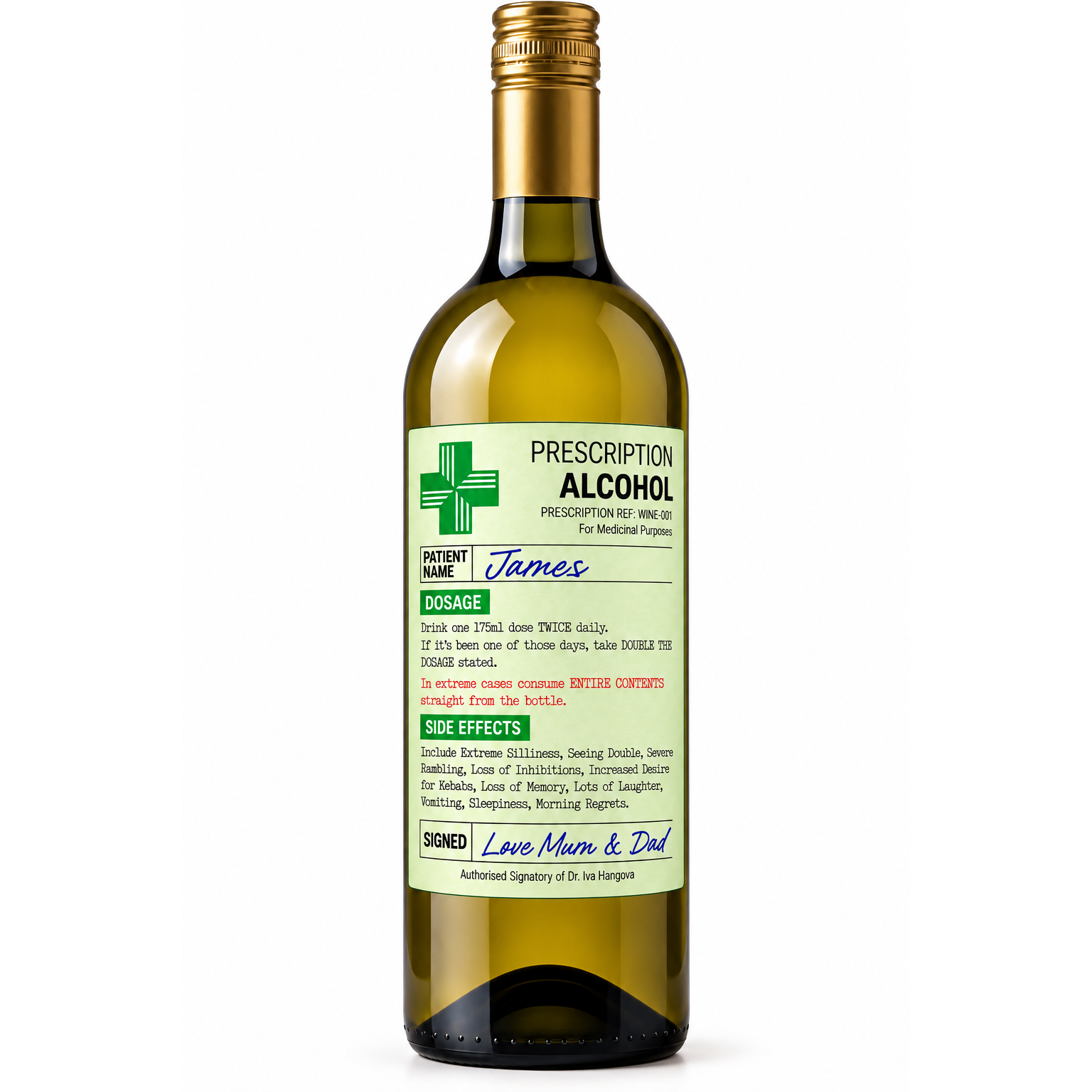 Personalised prescription alcohol wine bottle label featuring the name James and Love Mum & Dad in blue handwritten lettering.