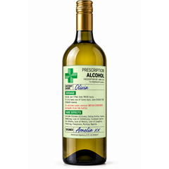 Personalised prescription alcohol wine bottle label featuring the name Olivia and Amelia xx, displayed on a wine bottle against a white background.