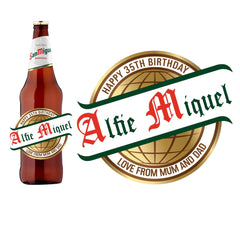 Personalised San Miguel beer bottle label with custom name, birthday party and celebration sticker