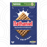 Personalised Shreddies cereal box label with custom name, funny birthday gift sticker for unique breakfast surprise