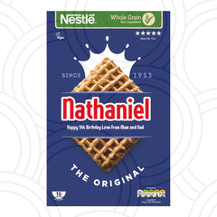 Personalised Shreddies cereal box label with custom name, funny birthday gift sticker for unique breakfast surprise