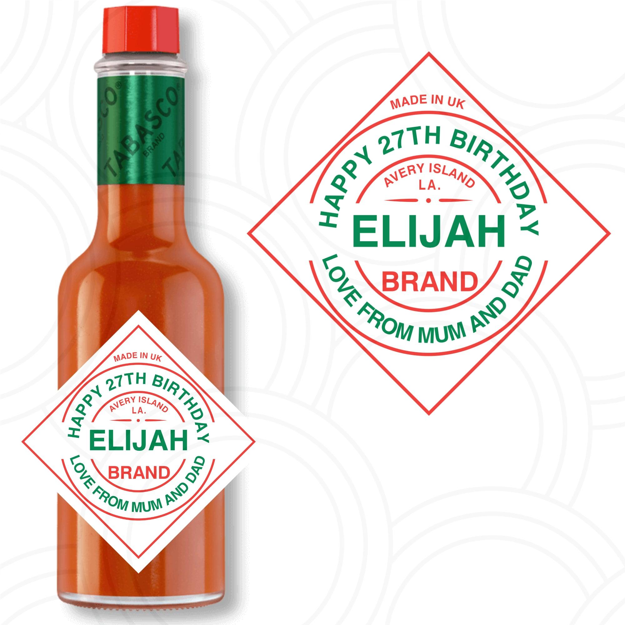 Personalised Tabasco sauce label with custom name, birthday BBQ and food lover gift sticker