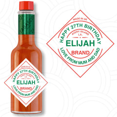 Personalised Tabasco sauce label with custom name, birthday BBQ and food lover gift sticker