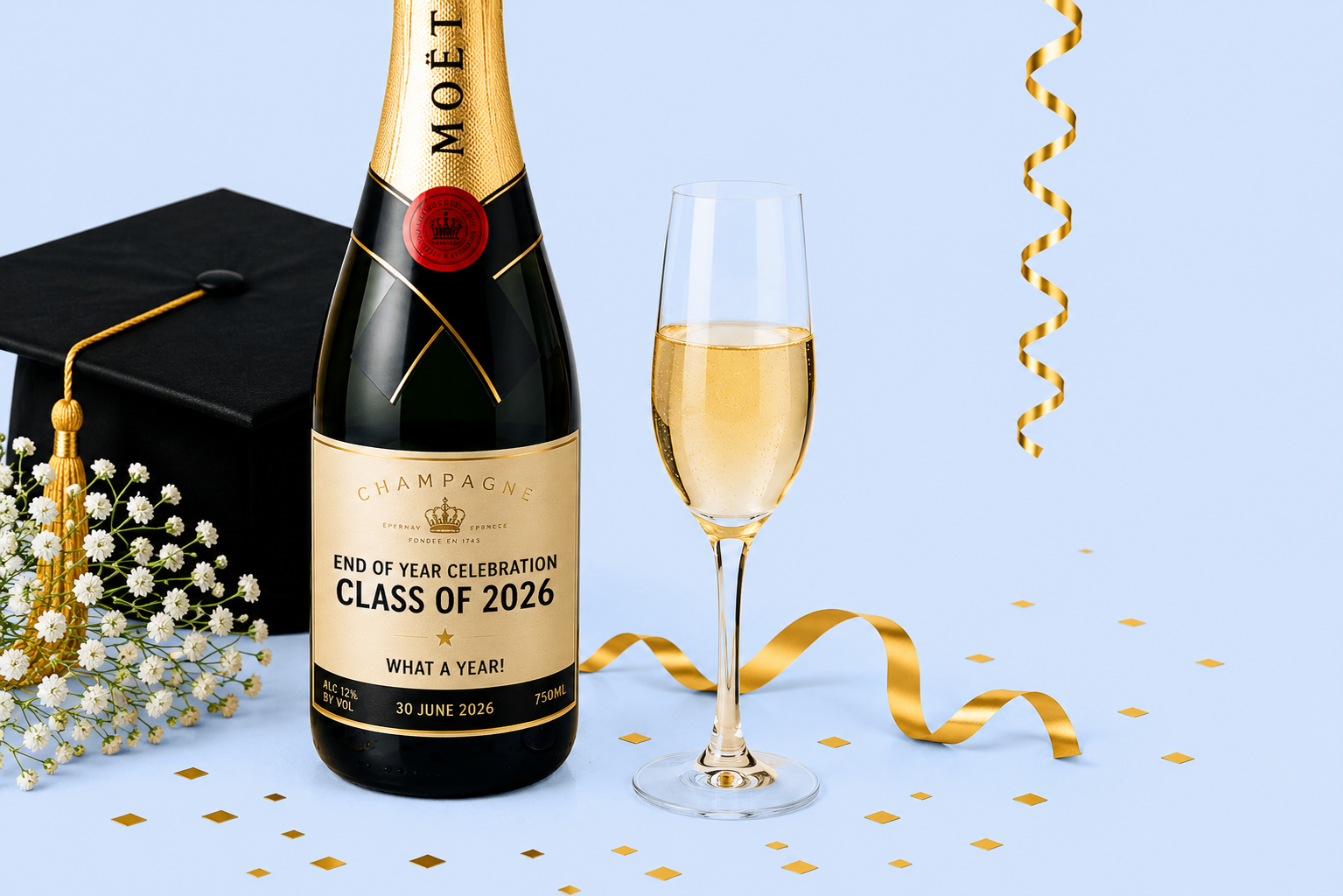 Personalised bottle stickers for university and graduation events