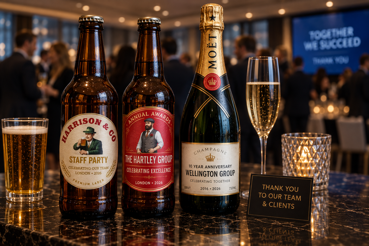 Personalised bottle stickers for corporate events, business parties and celebrations
