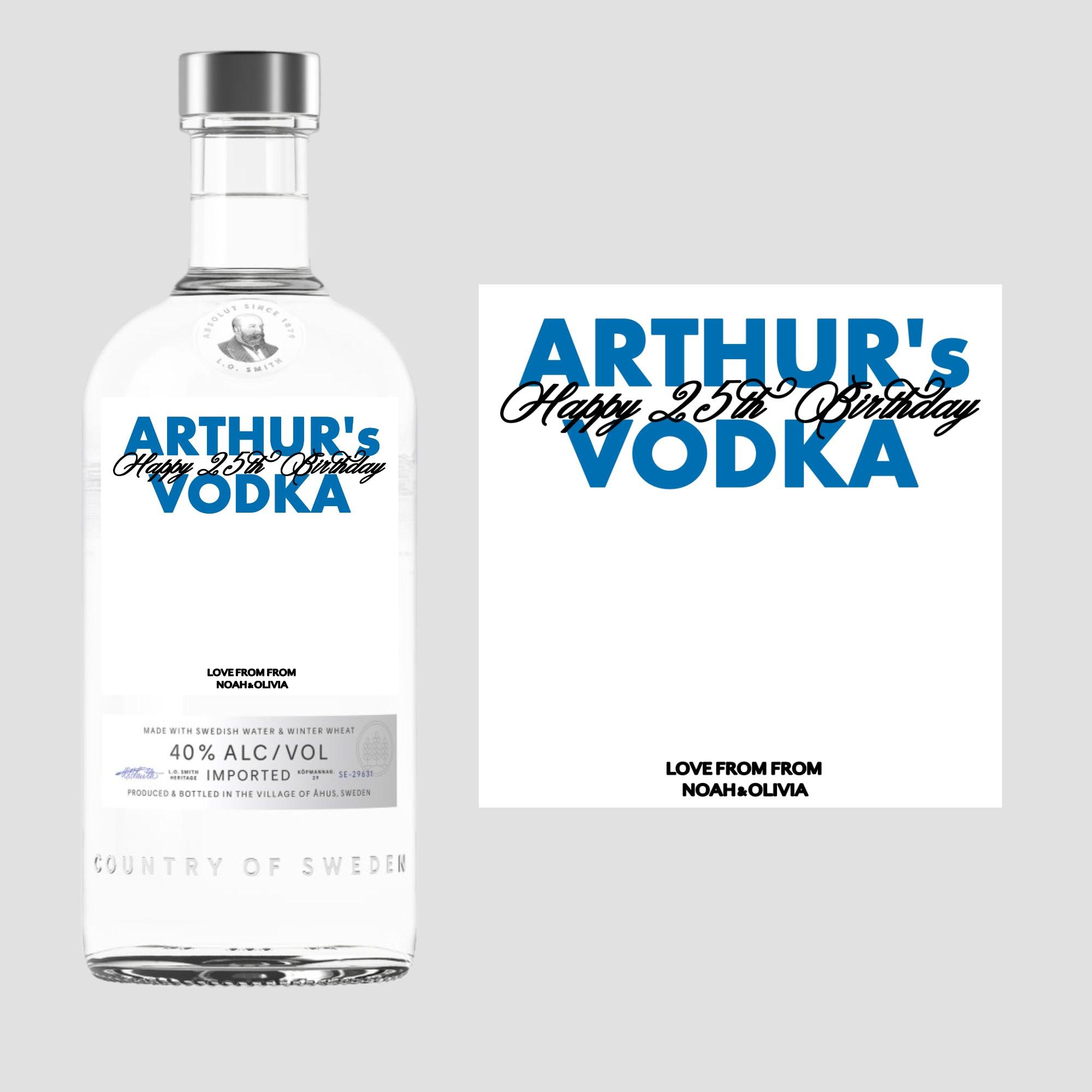 Personalised Absolut vodka bottle label with custom name, birthday party and celebration gift sticker