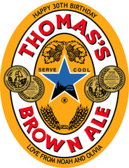 Brown ale personalised beer label, custom name sticker for birthdays and fun gift occasions