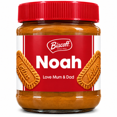 Custom Biscoff spread jar sticker featuring the name Noah and Love Mum & Dad message, displayed on a jar against a white background.