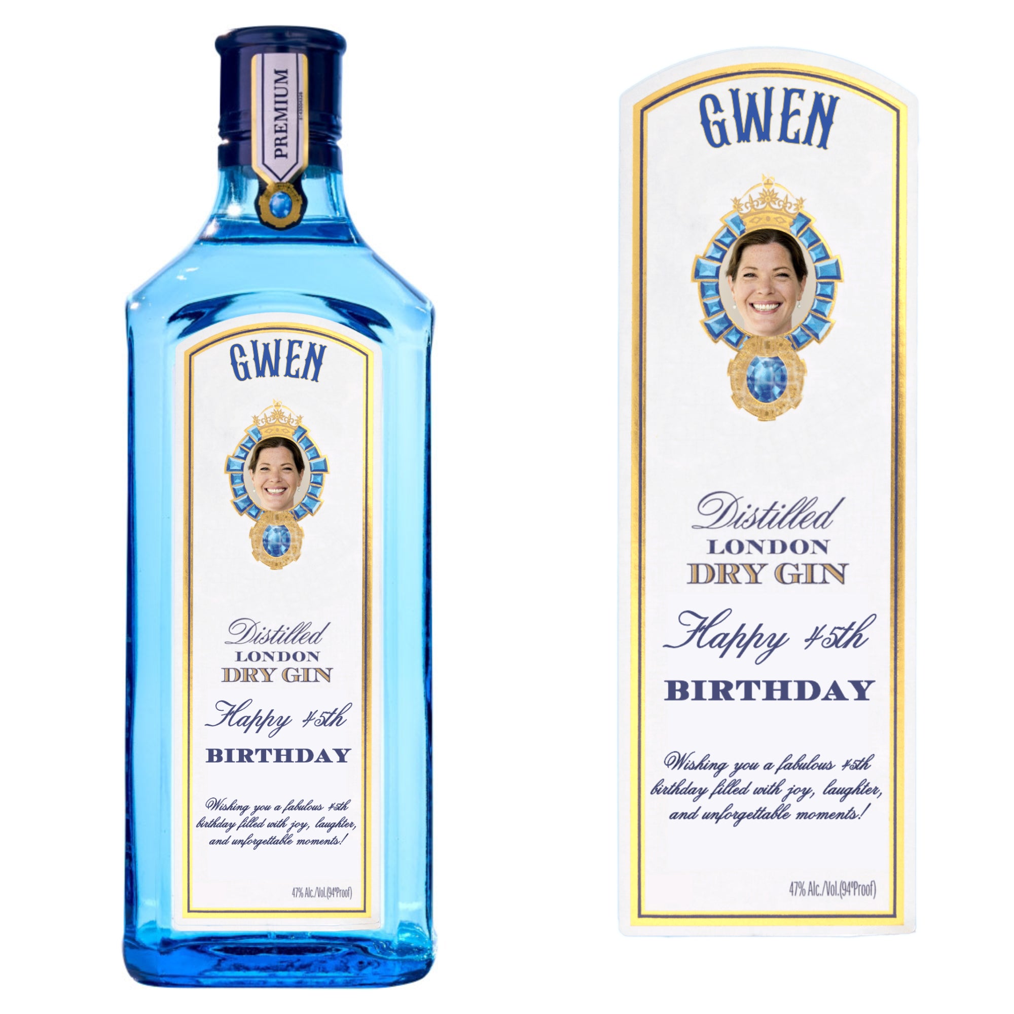 Custom Bombay gin bottle sticker personalised with photo and name, unique birthday gift label