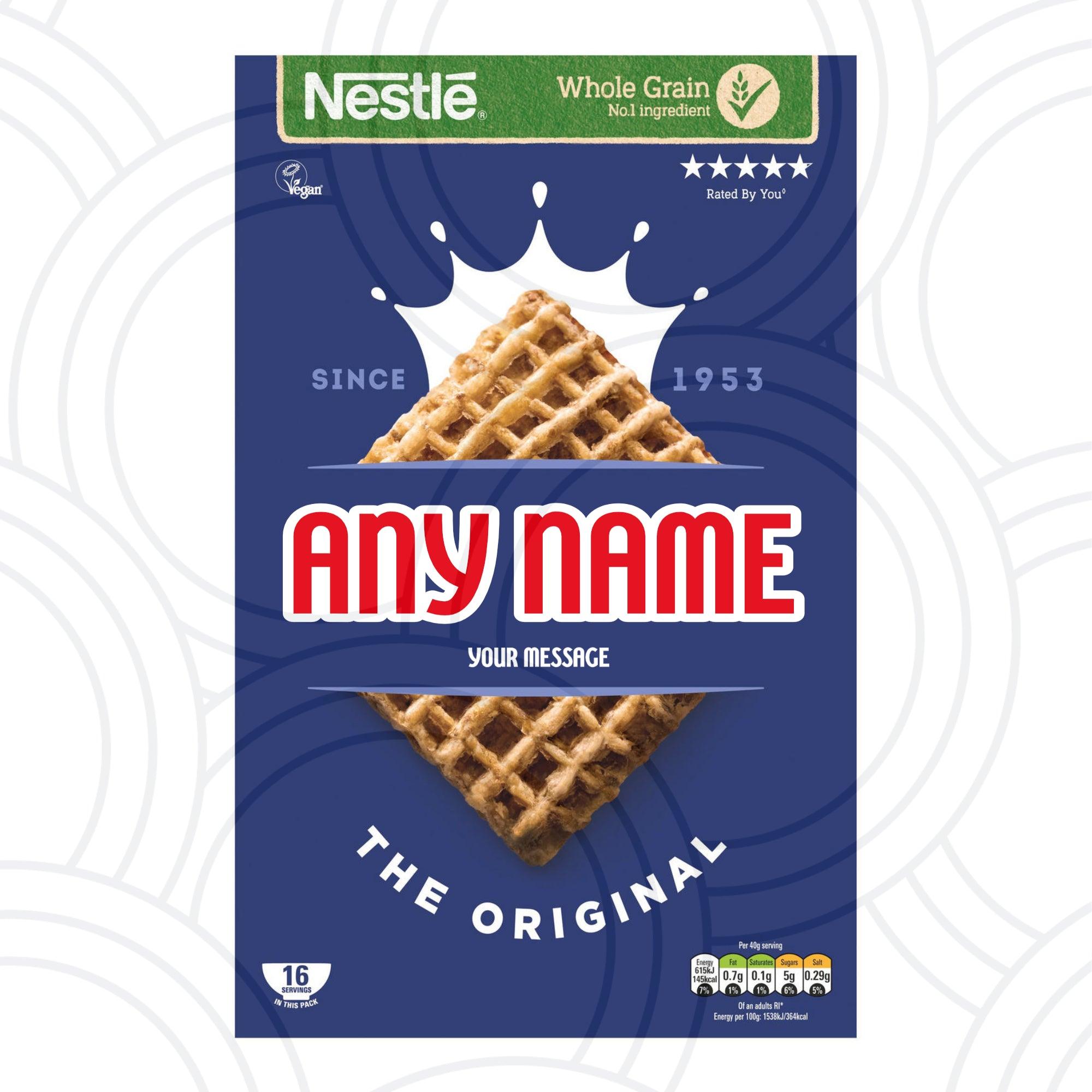Custom cereal box label personalised with name, novelty birthday gift sticker for friends and party celebrations