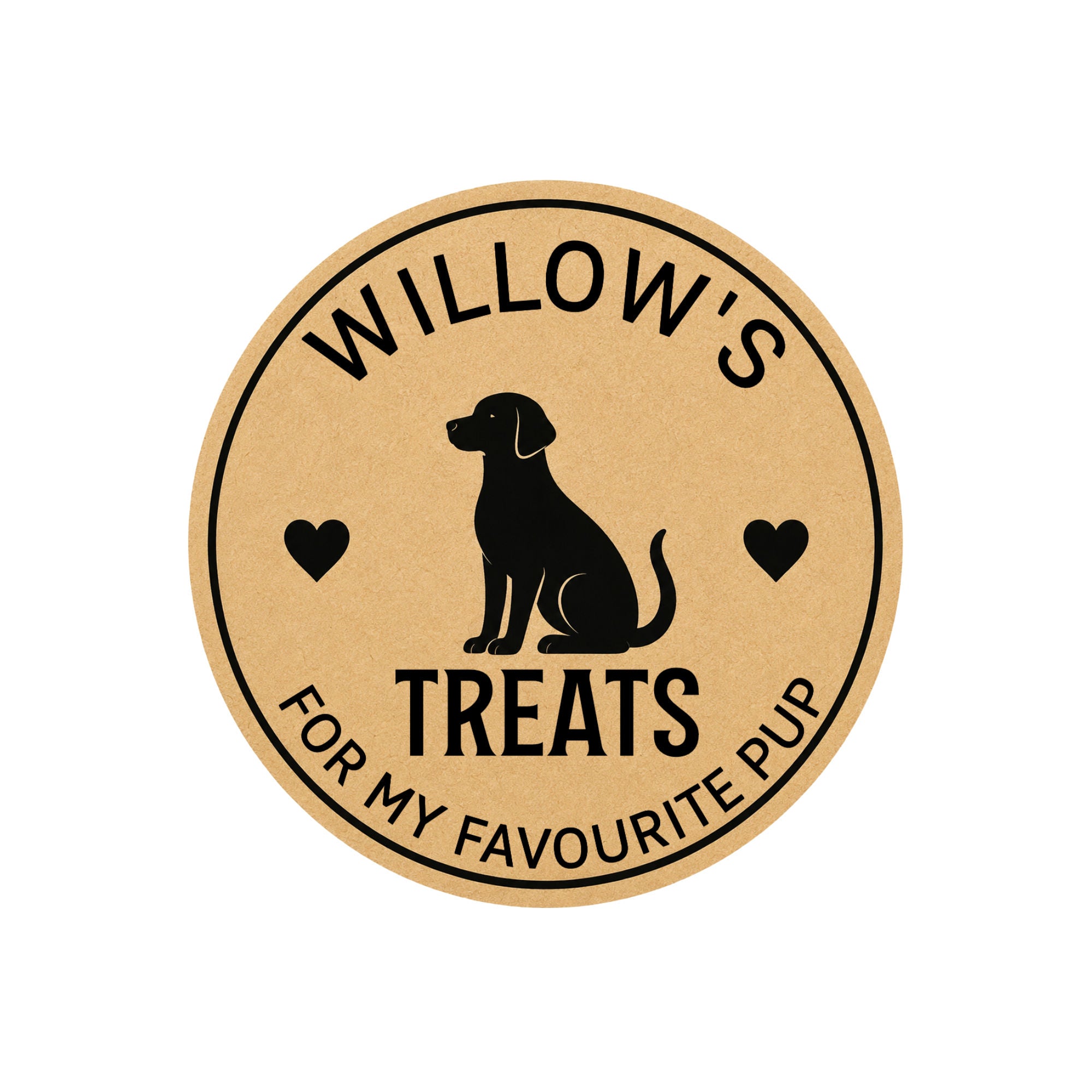 Round personalised dog treat sticker featuring a custom pet name, treat title and personalised message.