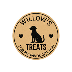 Round personalised dog treat sticker featuring a custom pet name, treat title and personalised message.