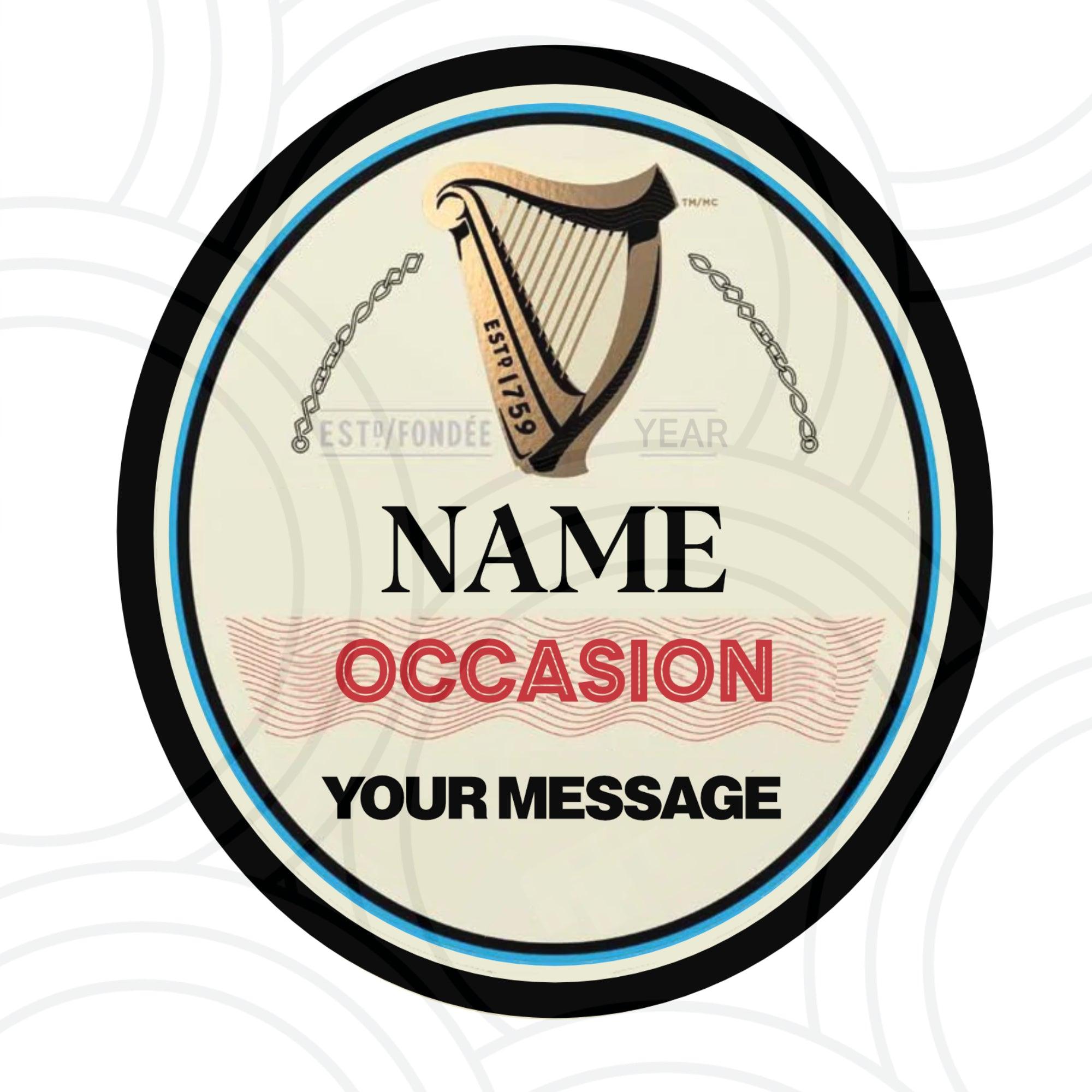 Custom Guinness bottle sticker personalised with name, unique beer label for parties and celebrations