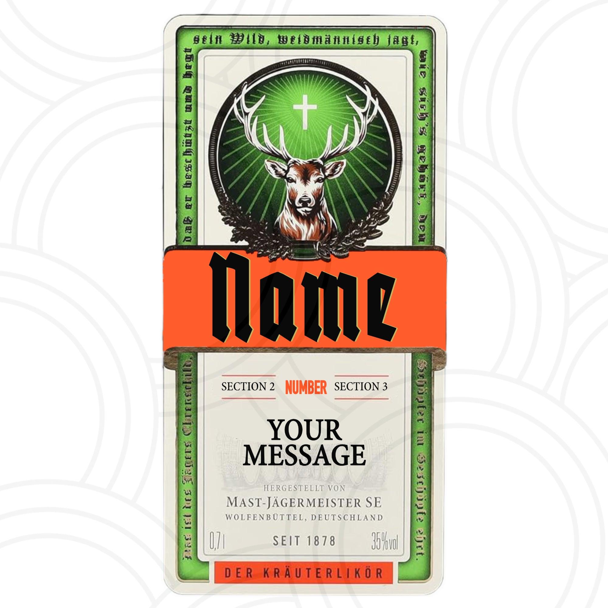 Custom Jagermeister-inspired bottle label featuring personalised text, unique number and special occasion message for a 70cl bottle.