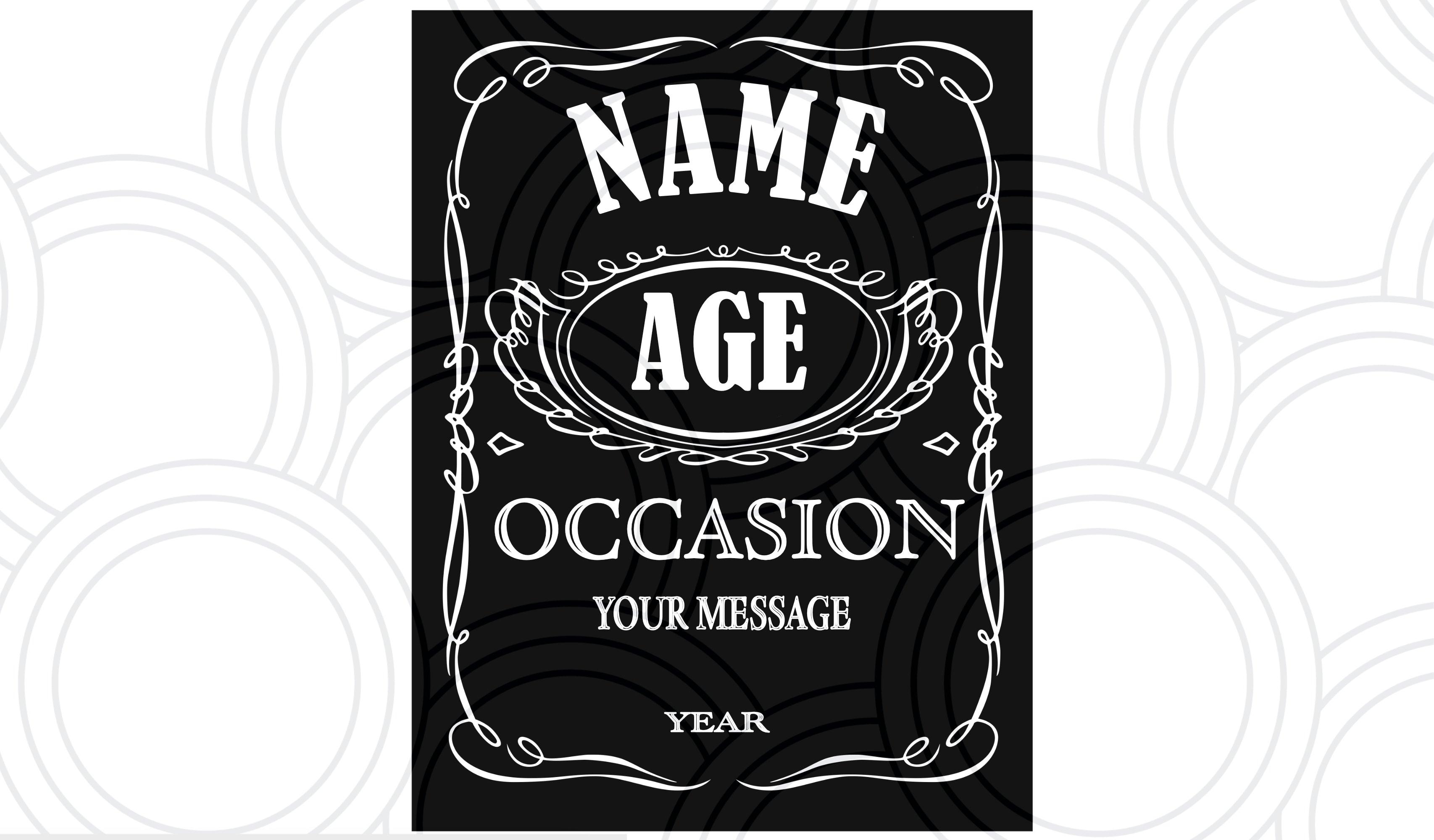 Custom whiskey bottle sticker personalised with name, Jack Daniel’s style label for birthdays and special occasions