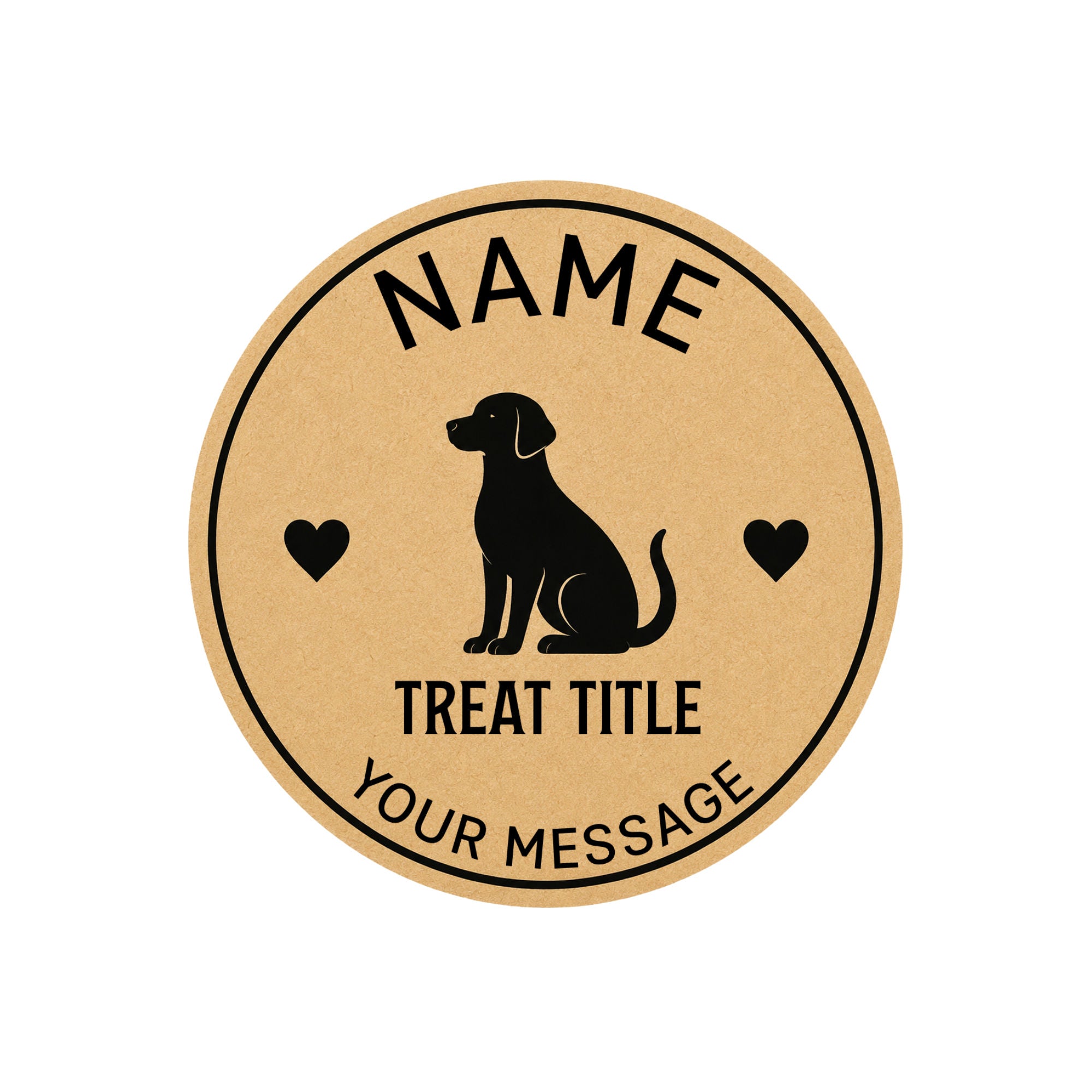 Personalised round dog treat jar label displayed on a glass treat jar for illustration purposes.