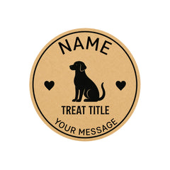 Personalised round dog treat jar label displayed on a glass treat jar for illustration purposes.