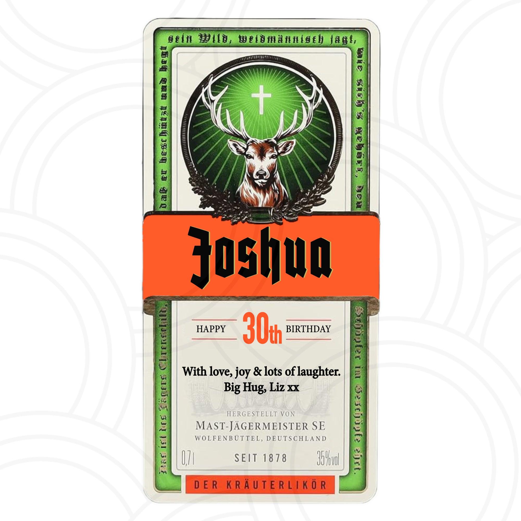 Personalised Jagermeister bottle label sticker for 70cl bottle with custom name, message, number and celebration details.