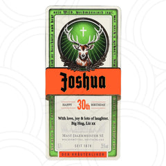 Personalised Jagermeister bottle label sticker for 70cl bottle with custom name, message, number and celebration details.