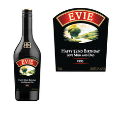 Personalised Baileys Irish Cream bottle label with custom name, year and message for birthdays and celebrations