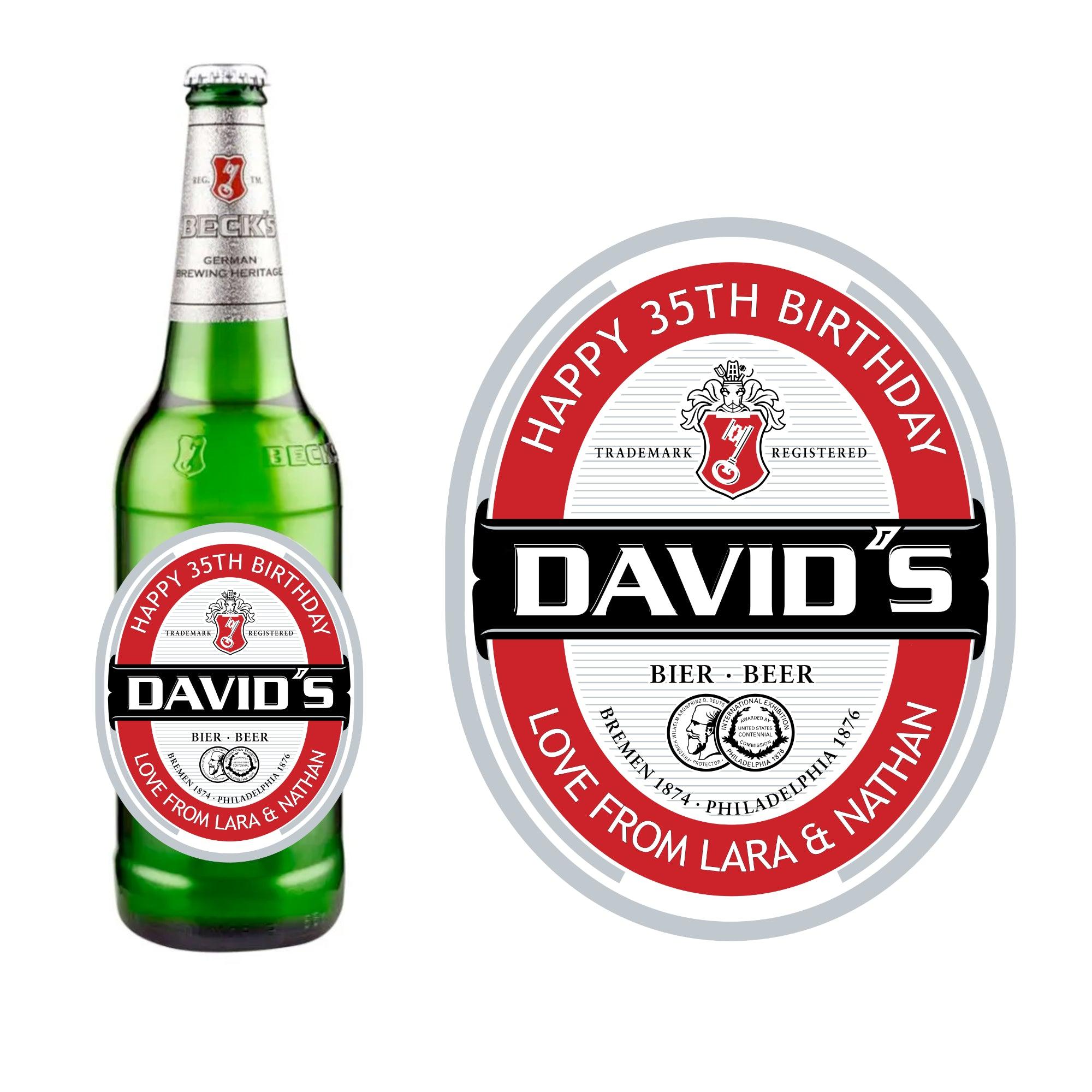 Personalised Beck’s beer bottle label with custom name, birthday party gift sticker for beer lovers