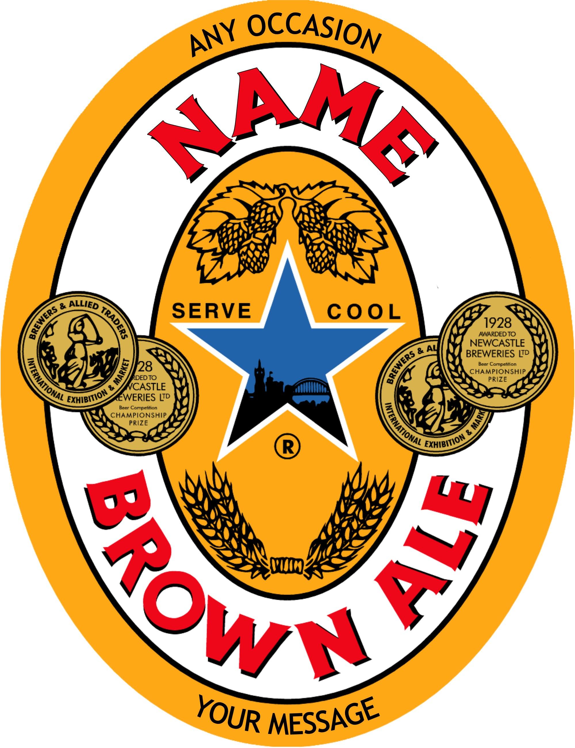 Custom beer bottle sticker personalised with name, brown ale birthday gift label for friends