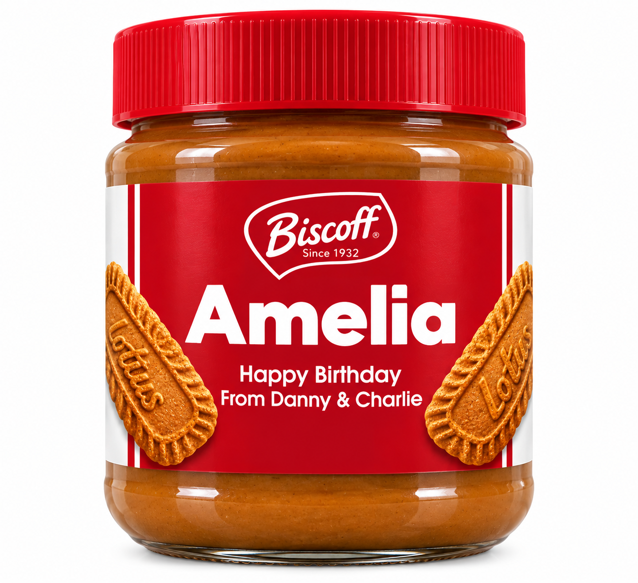 Personalised Biscoff spread jar label with the name Amelia and a custom Happy Birthday message, suitable for 380g and 400g jars.