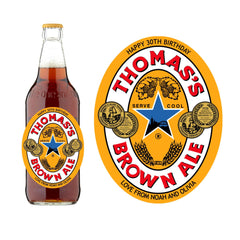 Personalised brown ale beer bottle label with custom name, birthday gift sticker for celebrations