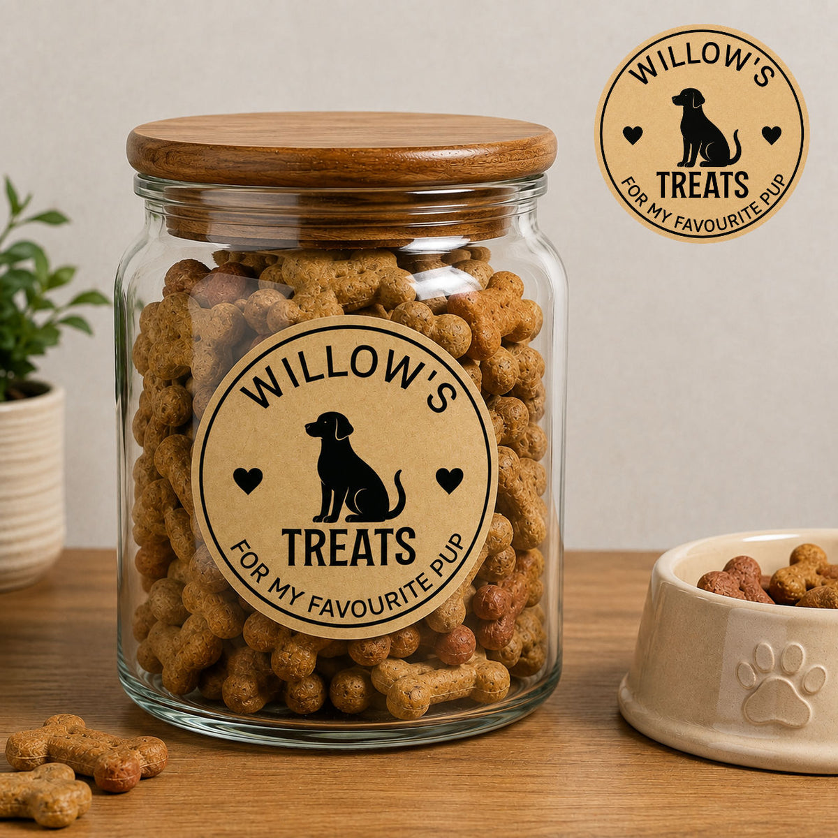 Personalised dog treat jar label applied to a glass treat jar with a custom pet name and message.