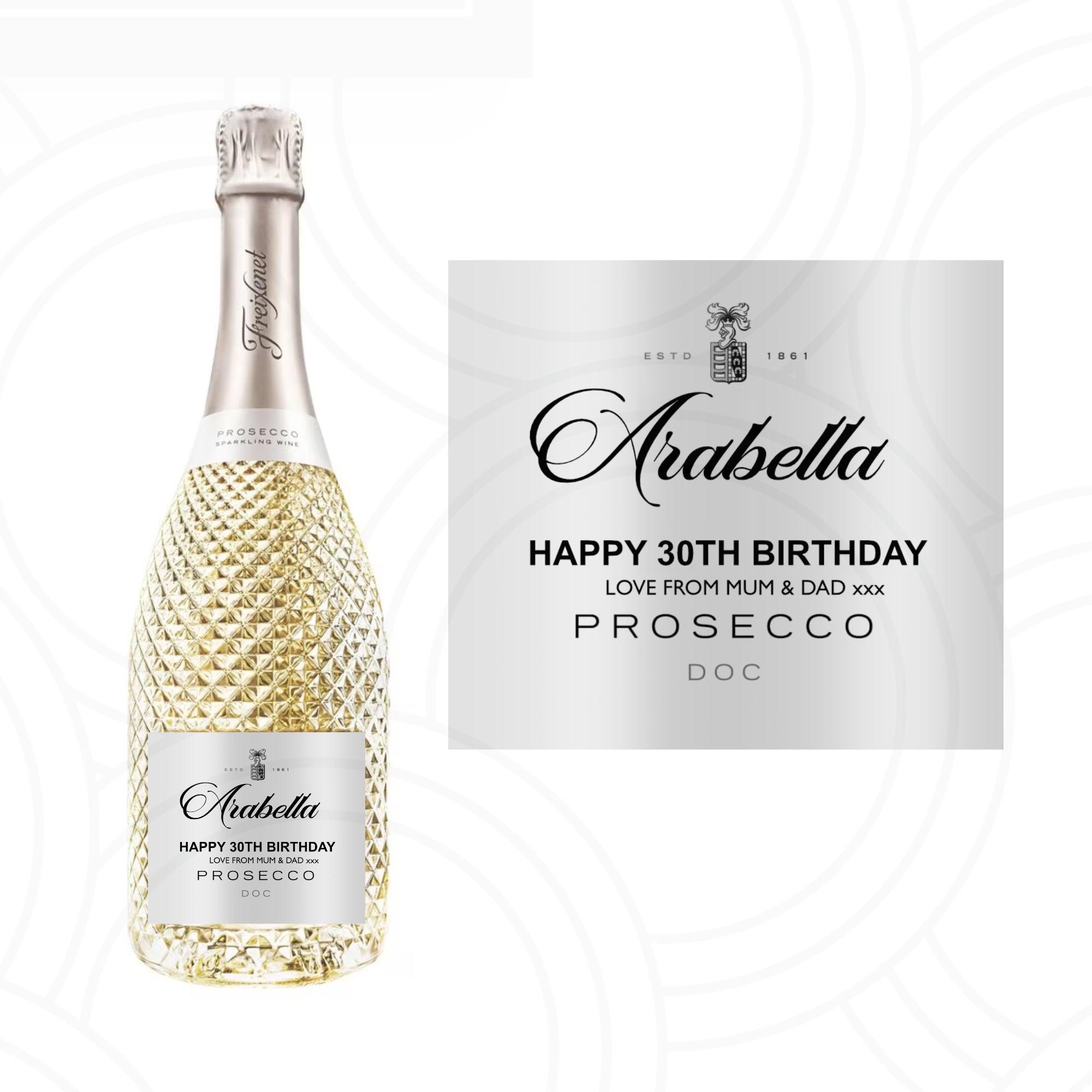 Personalised Freixenet style prosecco bottle label with custom name, birthday and hen party gift sticker