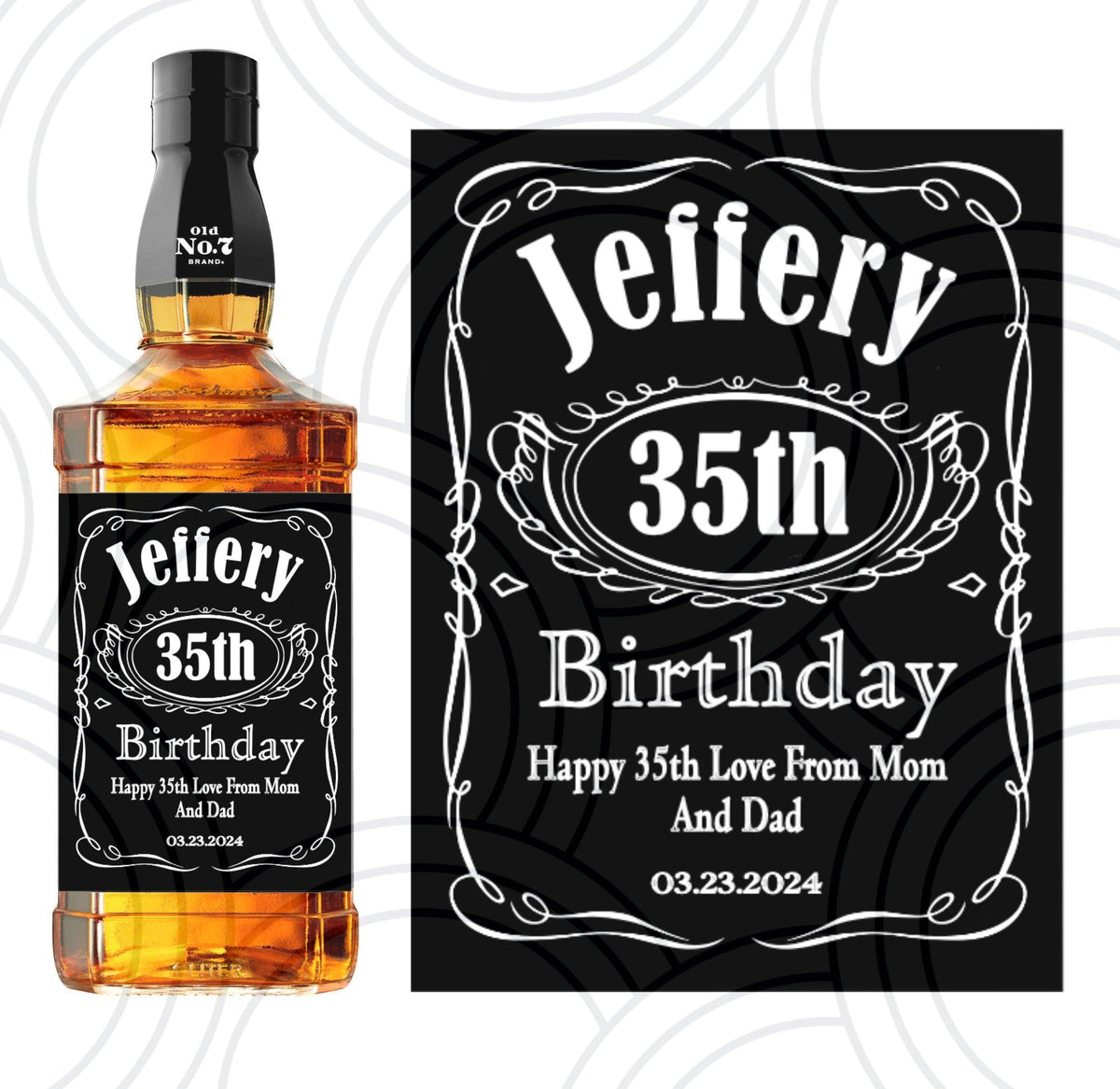 Personalised Jack Daniel’s whiskey bottle label with custom name, unique birthday gift for whisky lovers