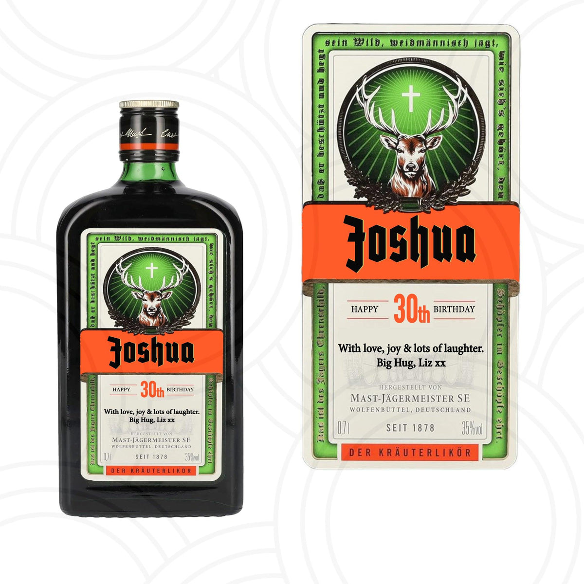 Personalised Jagermeister gift label for birthdays, stag parties, weddings and celebrations, customised with name and message.
