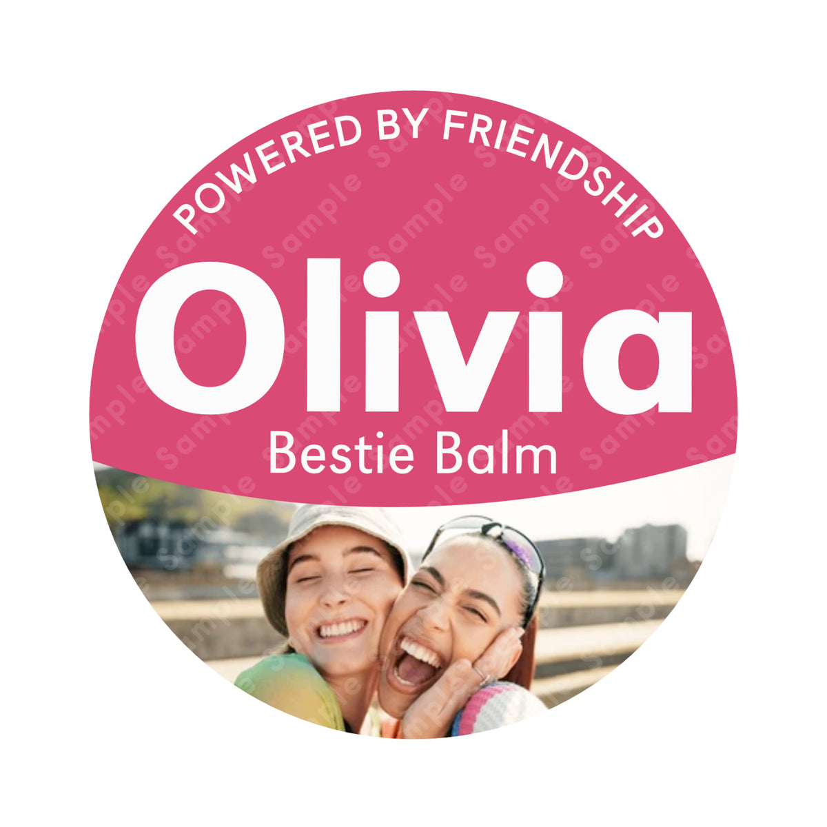 Personalised best friend lip balm style sticker with photo and custom name, pink label design.