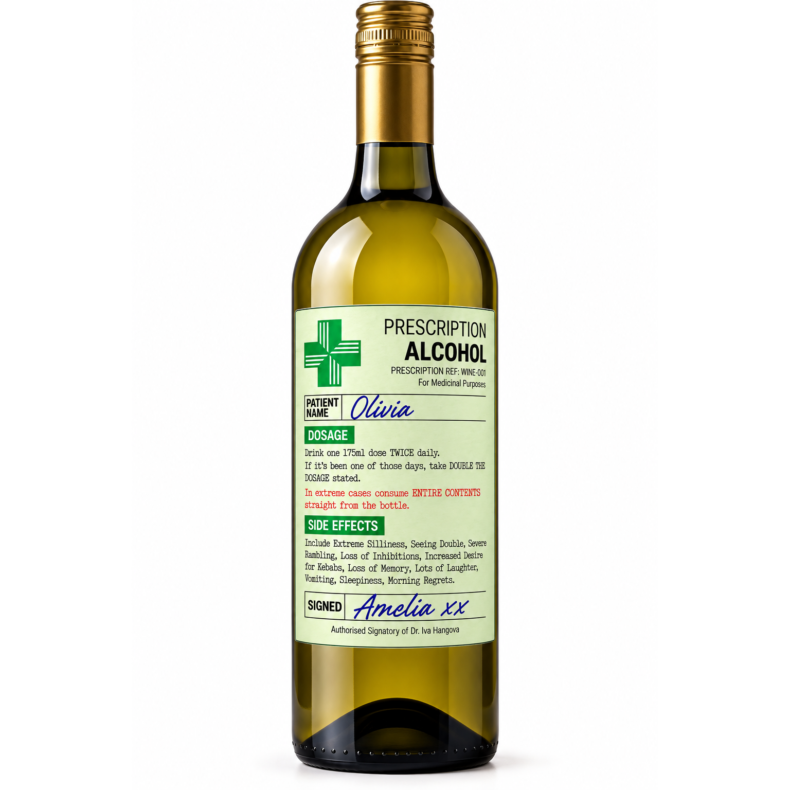 Personalised prescription alcohol wine bottle label featuring the name Olivia and Amelia xx, displayed on a wine bottle against a white background.